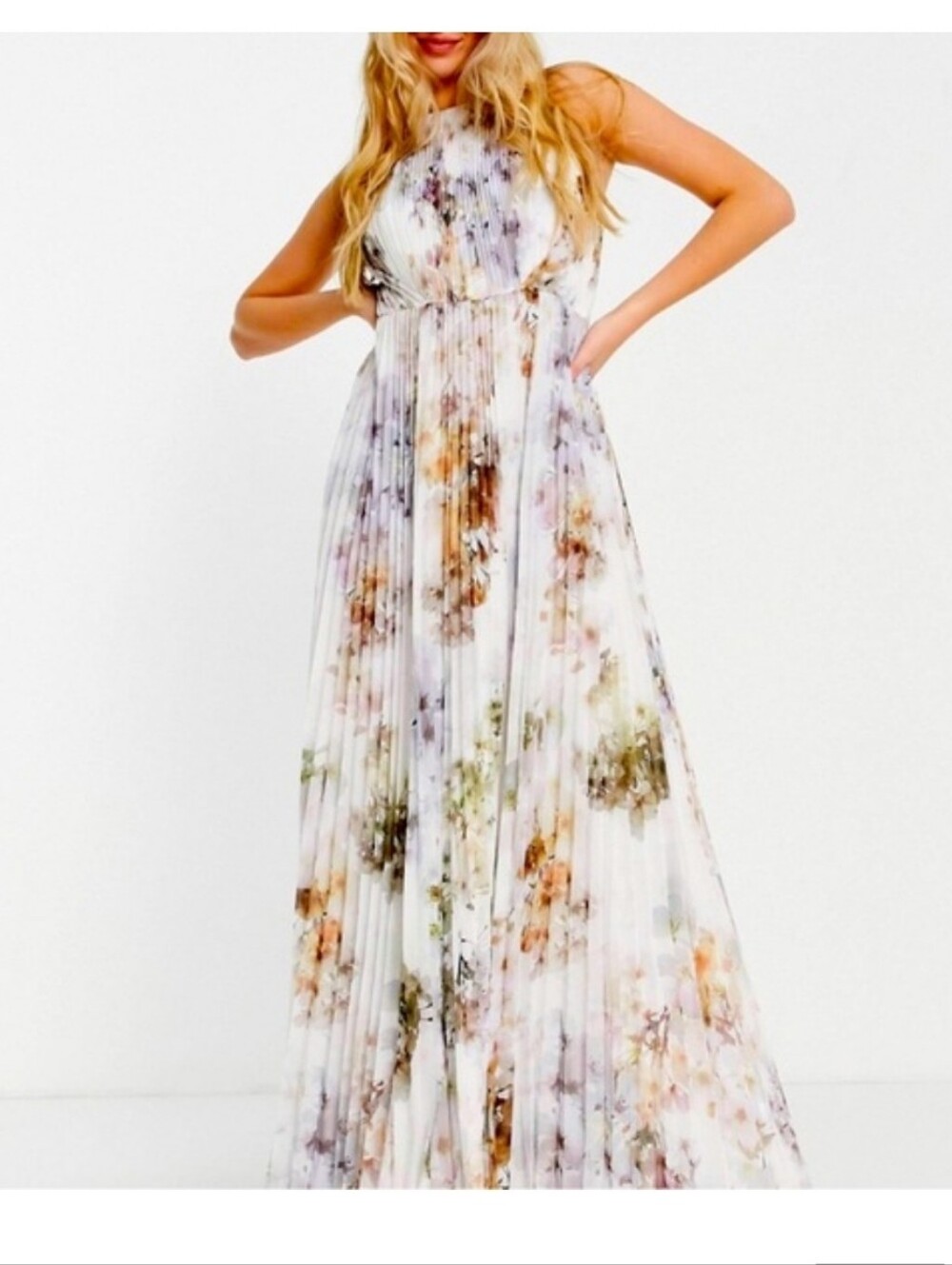 Ted Baker Floral Pleated Halter Maxi Dress - White Multi